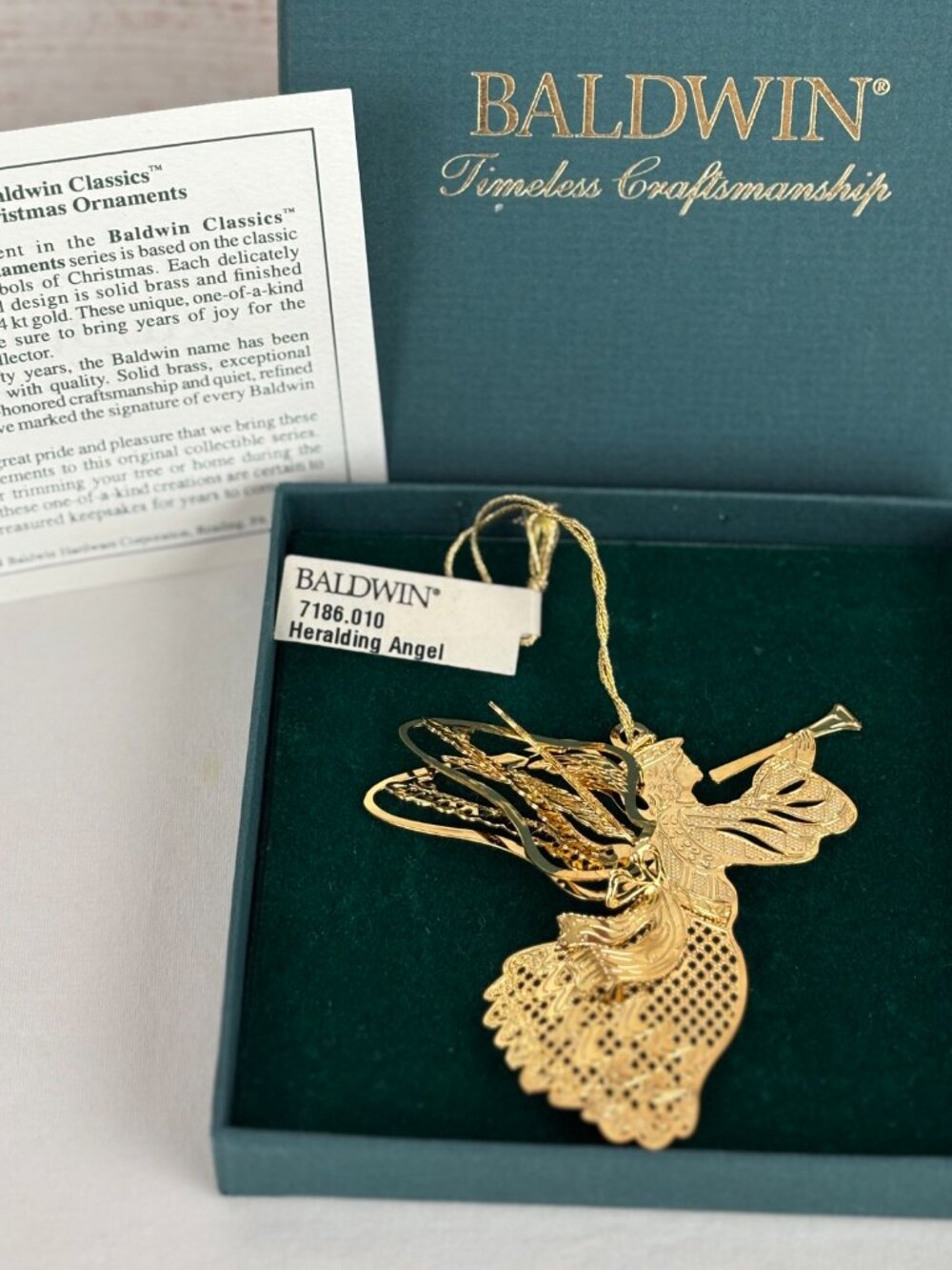 Baldwin Heralding Angel Brass 24k Gold Finish Christmas Ornament 1998
